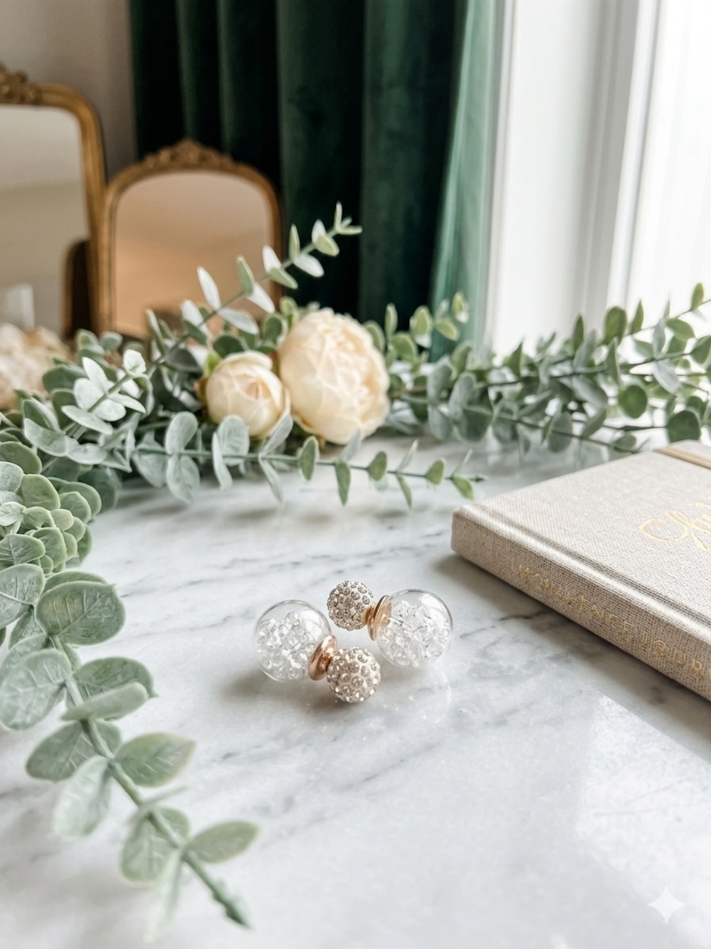 Crystal & Gold Double-Sided Stud Earrings - Pearl White